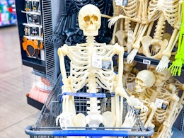 Way to Celebrate LED Skeleton in Walmart shopping cart in Halloween aisle