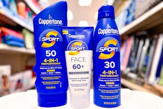 one Coppertone Sport sunscreen spray, face lotion, and body lotion