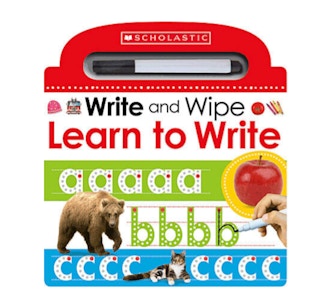 A Blue, green, white, and red alphabet tracing book on a white background