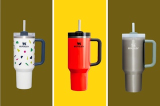 three Stanley tumblers in a yellow collage