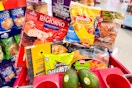Various grocery items in Target shopping cart (super bowl 2024)