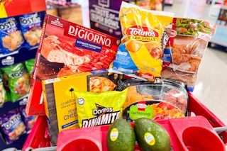 Various grocery items in Target shopping cart (super bowl 2024)