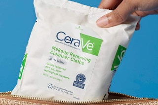 cerave makeup wipes being pulled out of a bag