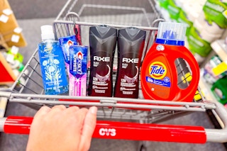 safeguard hand soap, crest toothpaste, axe body wash, and tide detergent in a cart
