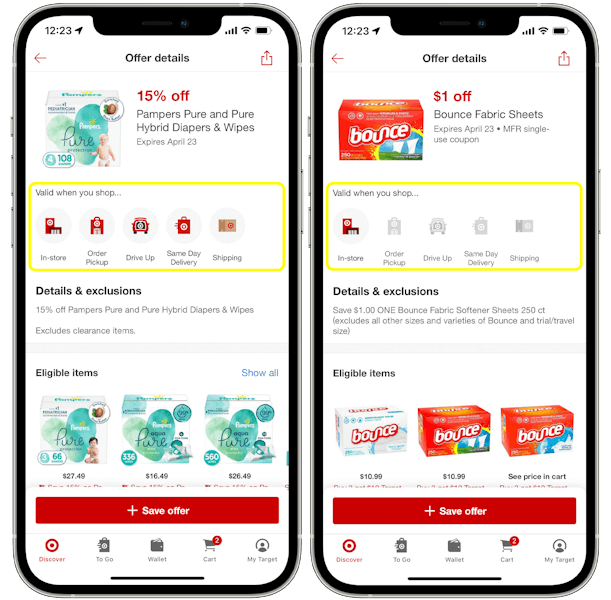 A graphic of two iPhones displaying two different offers on the Target Circle app, one which works for all types of Target shopping, ...