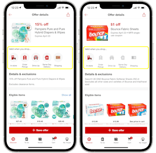 A graphic of two iPhones displaying two different offers on the Target Circle app, one which works for all types of Target shopping, ...