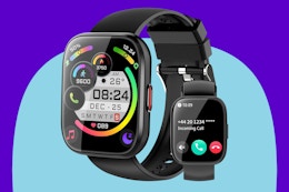 Aycy Sports Smart Watch for Men Women Bluetooth Call on a blue background.