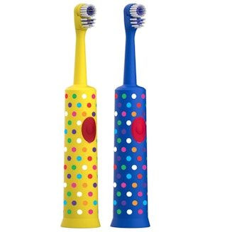 Blue and yellow toothbrushes on a white background