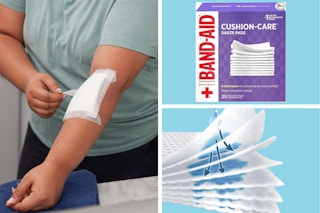 A person applies a gauze pad to their arm, a box of gauze pads, a representation of the layers of absorbency