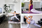 3 lifestyle images of women in yoga poses in home