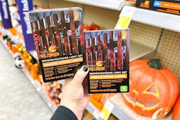 person holding 2 boxes of halloween string lights
