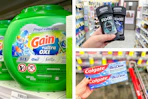 collage image of gain flings, colgate toothpaste, and axe deodorant