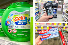 collage image of gain flings, colgate toothpaste, and axe deodorant