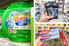collage image of gain flings, colgate toothpaste, and axe deodorant
