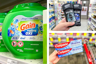 collage image of gain flings, colgate toothpaste, and axe deodorant