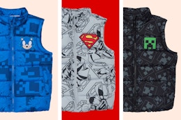 Sonic, Superman & Minecraft puffer vests