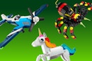 air plane, unicorn, and spider lego sets
