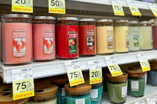 store shelves with yankee candles on clearance