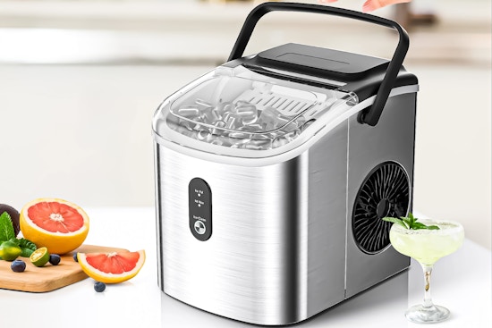 Lifestyle image of the EUHOMY ice maker machine on kitchen counter