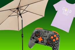 khaki patio umbrella, toddler easter tee, Bowser Nintendo remote