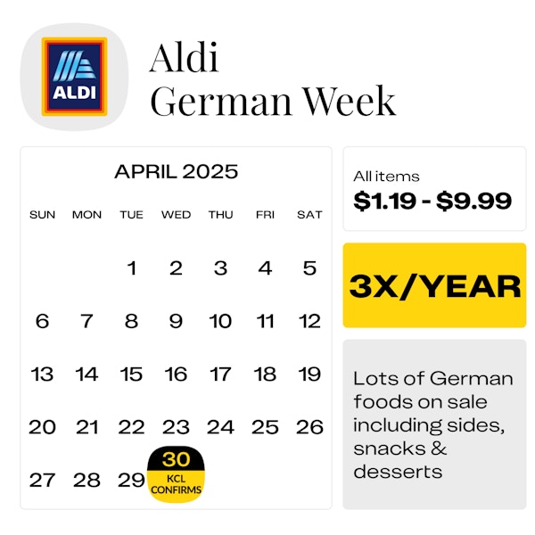 Calendar graphic of Aldi German Week that starts on April 30 2025
