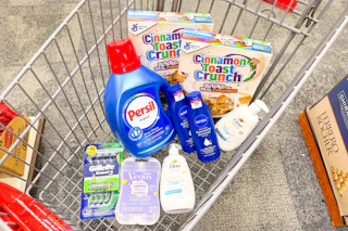 gillette and venus razors, dove hand wash, persil detergent, nivea lotion, and cinnamon toast crunch cereal in a cart