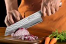 person chopping onion with knife