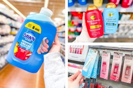 3 Walmart store photos taken of Dawn soap refill, OGX shampoo + conditioner & Neutrogena lip mask