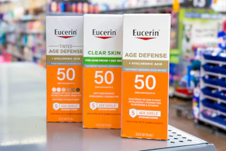 3 eucerin sunscreens on a shelf