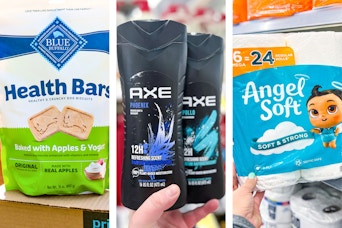 collage with blue buffalo, axe, and angel soft products