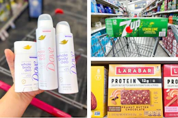 collage image of dove deodorant, larabar protein bars, and 7up soda