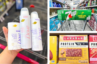 collage image of dove deodorant, larabar protein bars, and 7up soda