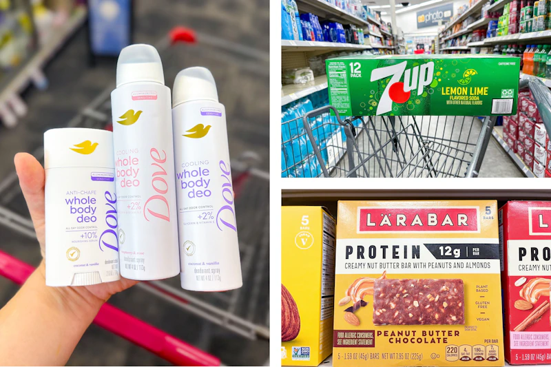 collage image of dove deodorant, larabar protein bars, and 7up soda