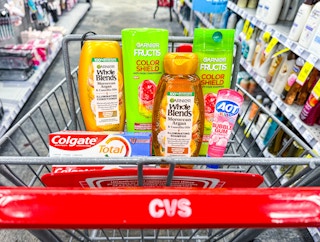 cvs shopping cart with garnier, colgate, and act products