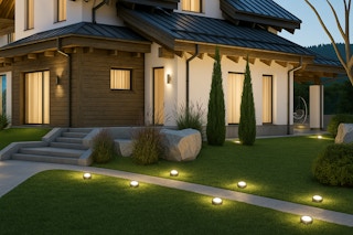 AI image created by ChatGPT of the Euur Solar Ground Lights 12-pack used to light pathway to home