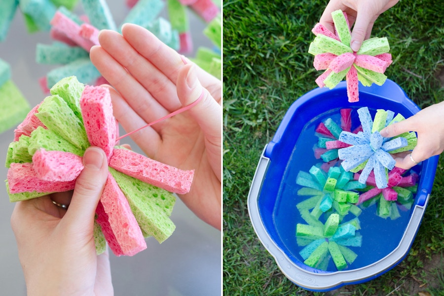 A person's hands using a rubber band to tie sponge strips together to form a sponge ball, and someone putting some sponge balls into a bu...