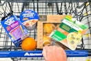 groceries in an albertsons shopping cart