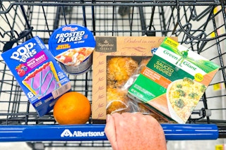 groceries in an albertsons shopping cart