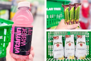 dollar tree vitaminwater, dubai chocolate, jim beam coffee 3-photo collage