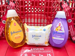 johnson's wipes and shampoo in a target cart