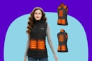 Flyhare Heated Vest for Women with a woman wearing it on a blue background.