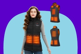Flyhare Heated Vest for Women with a woman wearing it on a blue background.