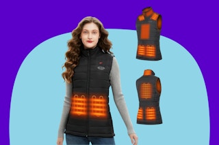 Flyhare Heated Vest for Women with a woman wearing it on a blue background.