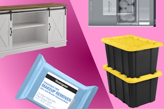 storage bins, makeup wipes, tv console, ice maker