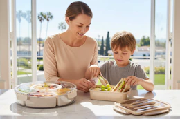 a woman and boy packing food