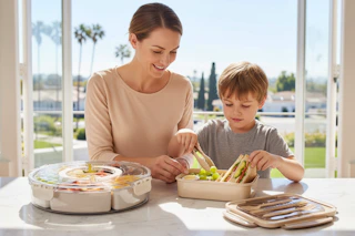 a woman and boy packing food