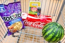 tostitos, coca-cola, nathan's, watermelon, mccormick products in a shopping cart