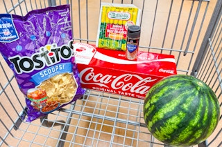 tostitos, coca-cola, nathan's, watermelon, mccormick products in a shopping cart