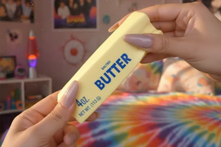 a woman using a squishy butter toy
