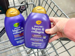 hand holding a bottle of ogx shampoo